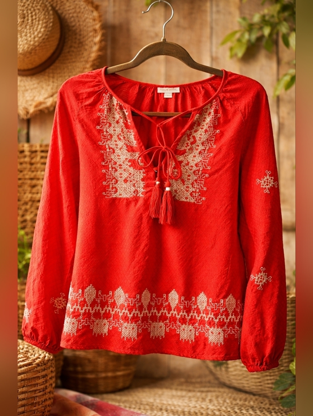 Knox Rose Boho Embroidered Peasant Top Red Tassel Medium